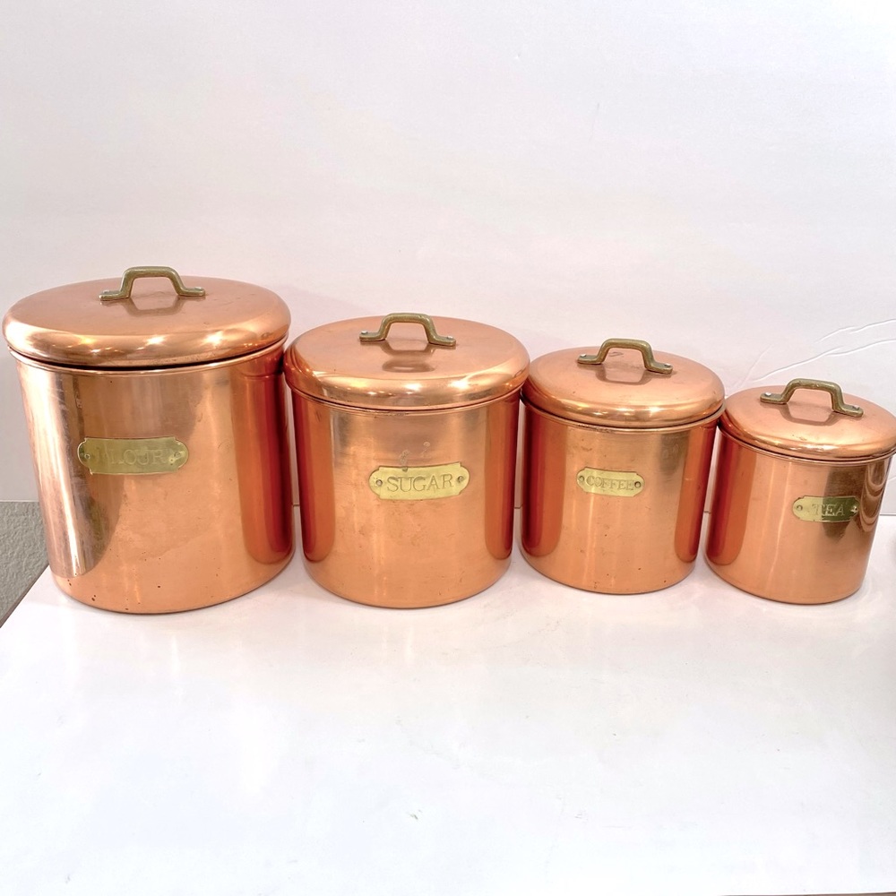 Vintage Copper & Gold Set of 4 Kitchen Canisters - Flour, Sugar, Coffee & Tea